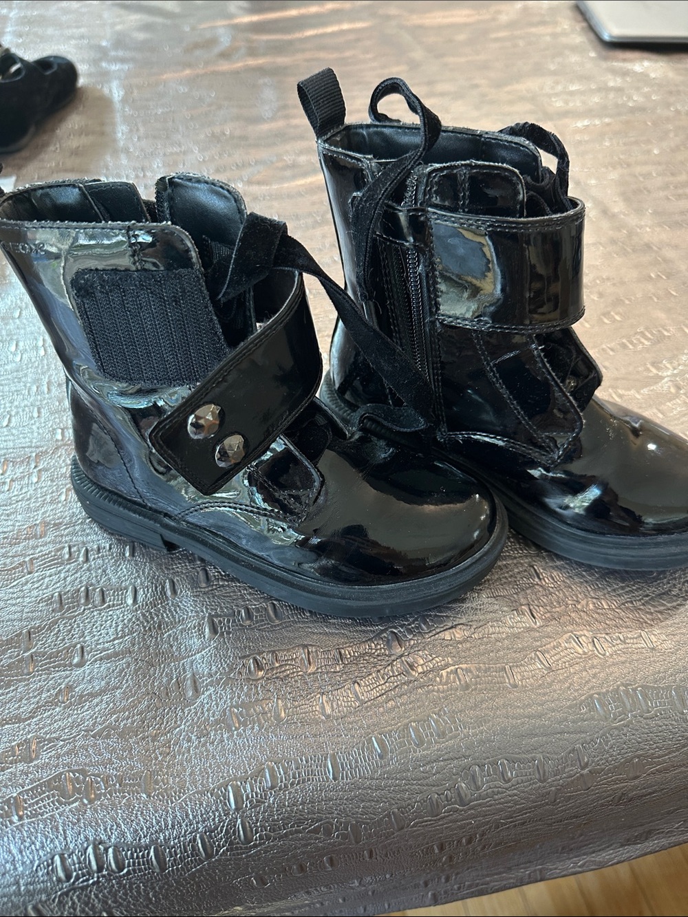 Geox Black Patent Lace-Up & Strap Kids Boots